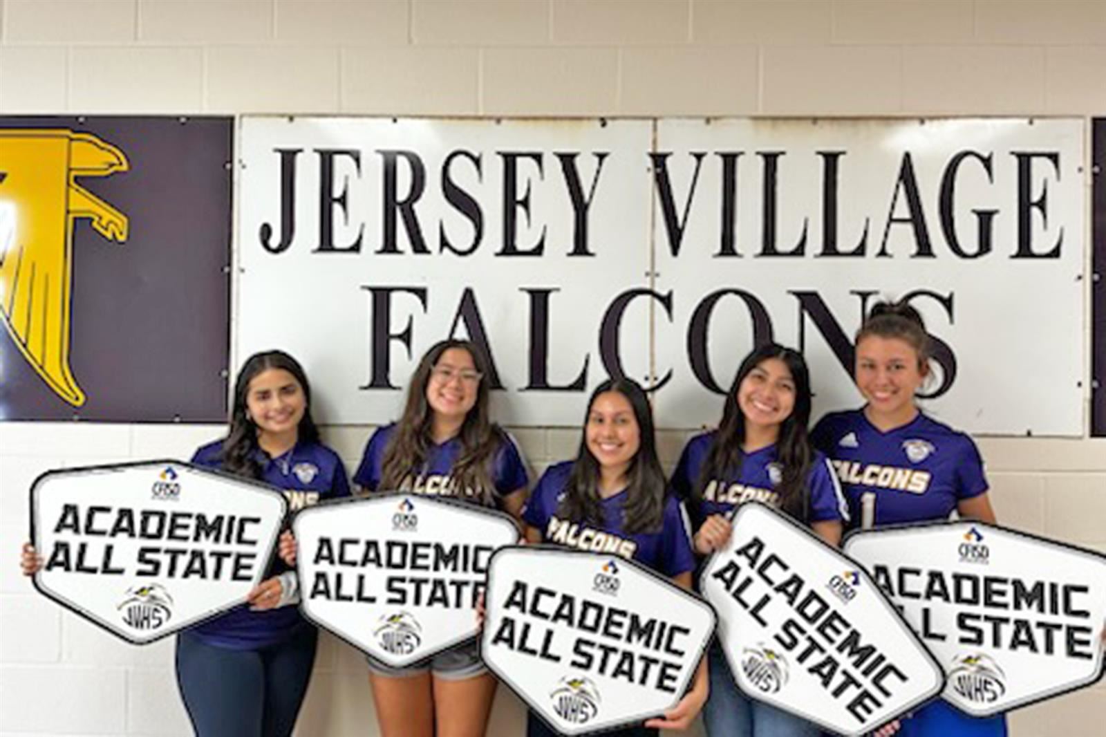 Five Jersey Village High School seniors pose for a photo recognizing them being named academic all-state.